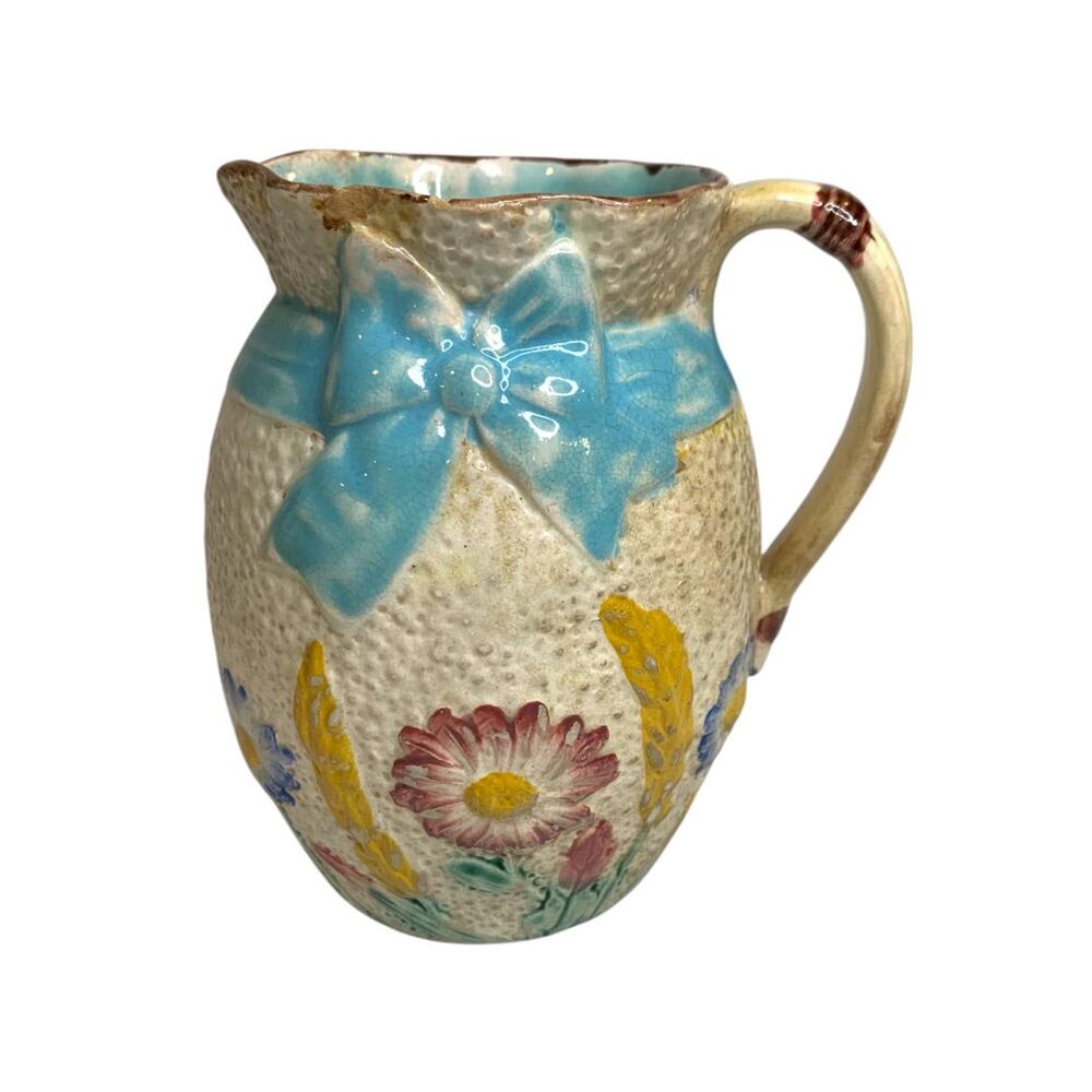 Antique Simon Fielding Majolica Pitcher Pottery Wildflower Blue Bow 4.5 Inch